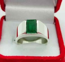 Certified Natural Emerald Cut Green Emerald Men's Band Ring 925 Sterling Silver