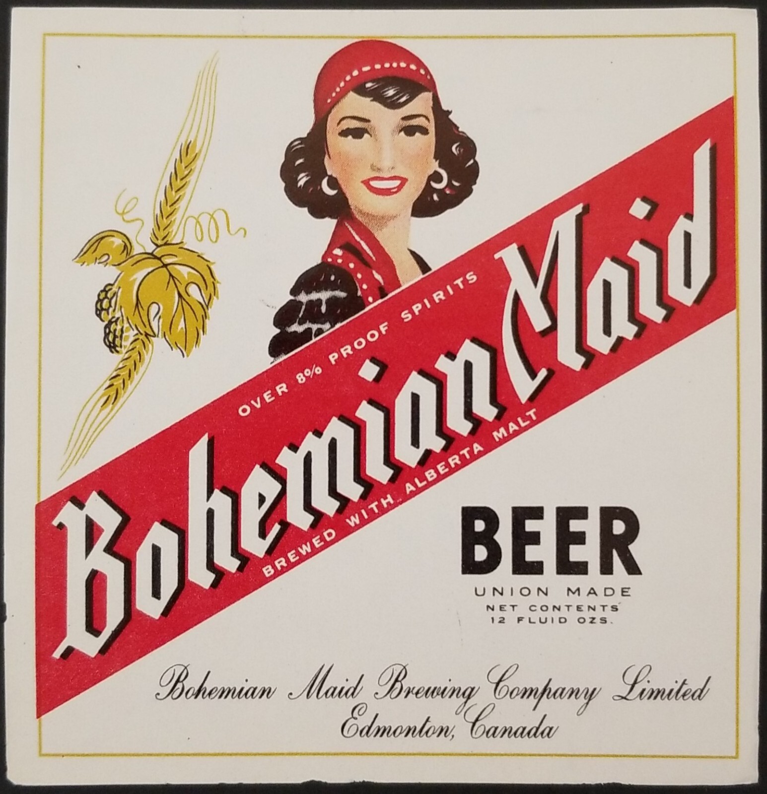 Bohemian Maid Beer Bottle Label Alberta Malt Edmonton Canada Union Made