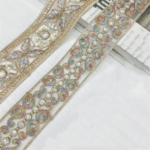 1 Yard Ethnic Flower Embroidered Trim Ribbon Lace Sequin Chinese Hanfu DIY Craft - Picture 6 of 11