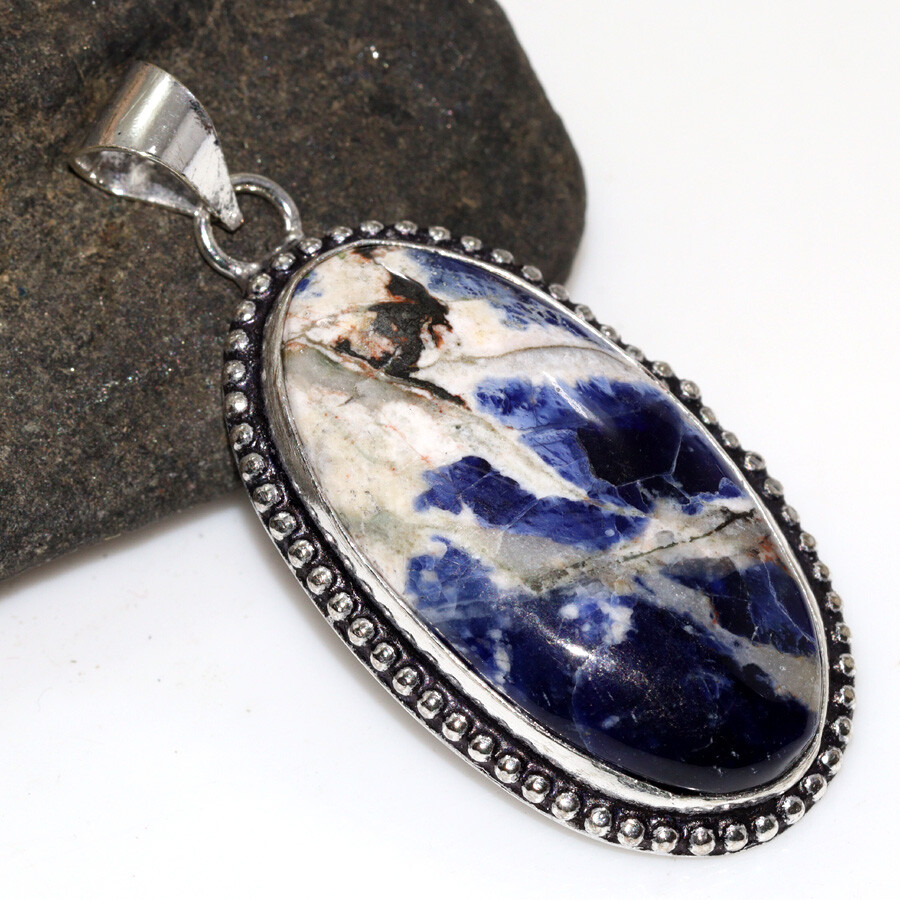 Handmade 925 Silver Plated Sodalite Ethnic Pendant 2 Inches Jewelry JW