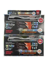 Lot of 2 - WHITE GLO Twin Pack Activated Charcoal Deep Stain Remover + Brush