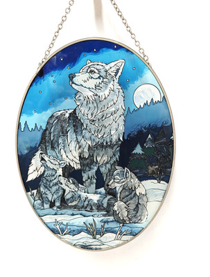 Amia Stained Glass Hand Painted Suncatcher Pack Of Wolves Moon Wilderness 8.75''