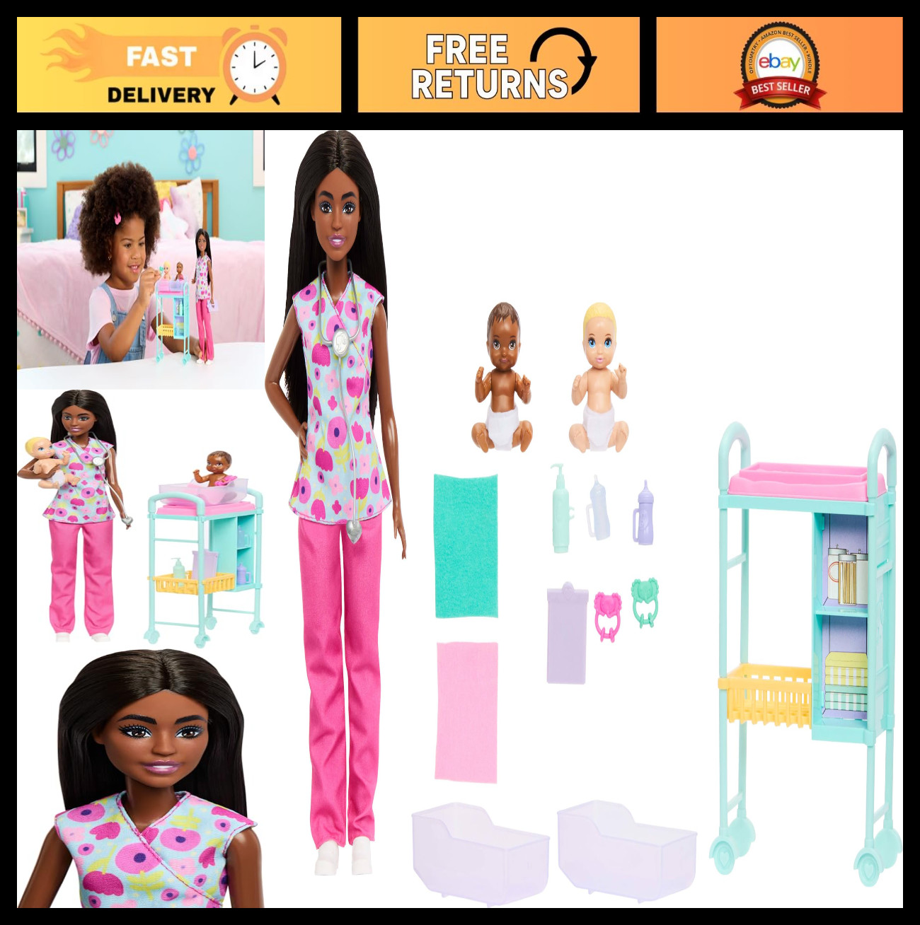 Baby Doctor Playset with Brunette Doll, 2 Baby Dolls, Exam T