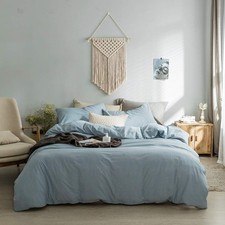 Light Blue Duvet Cover Queen, 100 Washed Cotton Linen Like Textured Solid Ca...