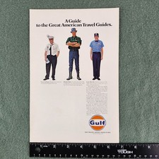 1969 Vintage GULF Travel Agency w/ Gas Pumps Art print Ad - Travel Guides 10x7