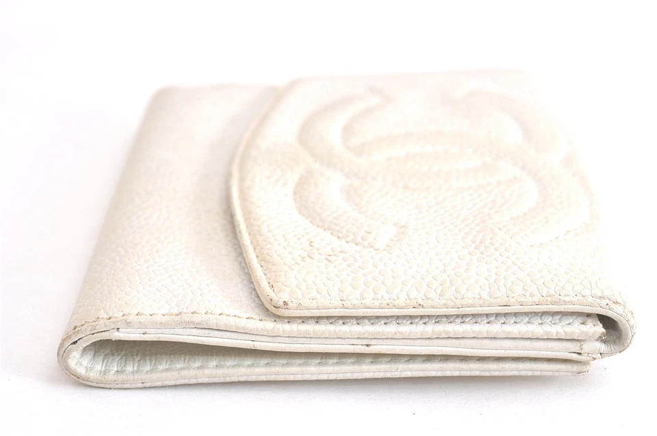 Auténtica Cartera Cartera CHANEL Piel de becerro Doble Plegable Logo CC Blanca 2821N Foto 4 de 4