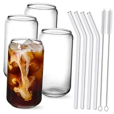  Drinking Glasses with Glass Strawpcs Set - 16oz Highball Glass Cups, Beer 4