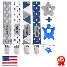 Pacifier Clip Teether Set 6 Piece Silicone Baby Teething Toys Blue Gray