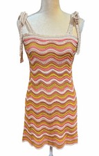 Lulus Crochet Tie Strap Mini Dress Beige Multi Striped Women’s M Retro Hippie