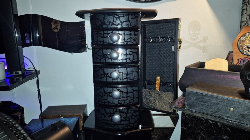 Black Handmade Faux Leather Lined Jewelry Box Organizer with Mirror & Drawers,