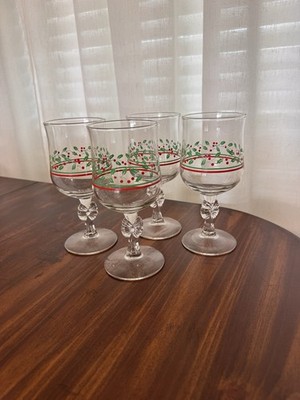 Vintage Arby s Christmas Holly & Berry Wine Glasses With Bow Featured On Stem.