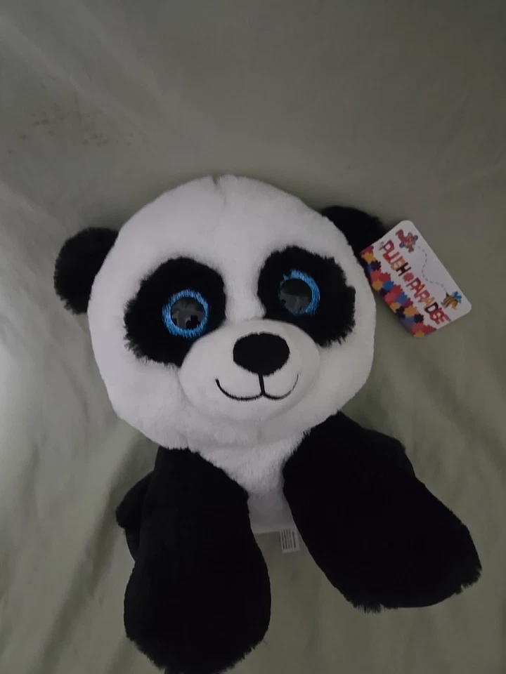 "Oso panda sentado de peluche de 10"" blanco negro azul ojos brillantes animal de peluche" Foto 3 de 3