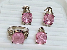 Pink Topaz and Diamond Jewelry Set of Earrings, Ring, and Pendant