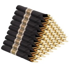 Gold Silverware Set 60 Pack Rolled Plastic Cutlery with Black Napkins