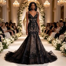 Black Gothic Deep V Neck Mermaid Wedding Dresses Sequins Lace Appliques Backless