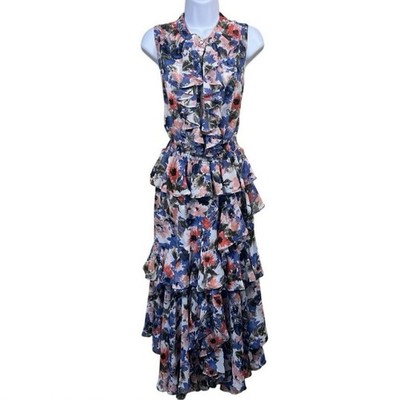 MISA LA Ilysa Tiered Ruffle Maxi Dress L Floral Sleeveless Cottagecore Old Money
