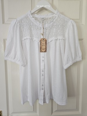 Fat Face Helena Top Spitze T-Shirt Größe 14 Weiß Jersey Kurzarm Neu Mit Etikett