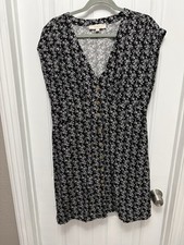 LOFT Women's Sleeveless Button-up Linen Blend Dress Size 14 Black Floral (9-4)