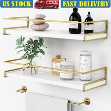 Floating Bathroom Shelves Wall Organizer W/ Towel Bar Metal Bracket Pine Wood US