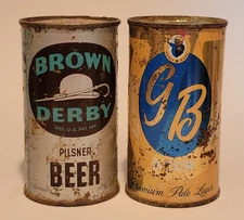 PAIR OF FLAT TOP BEER CANS CALIFORNIA BROWN DERBY AND GRACE BROTHERS