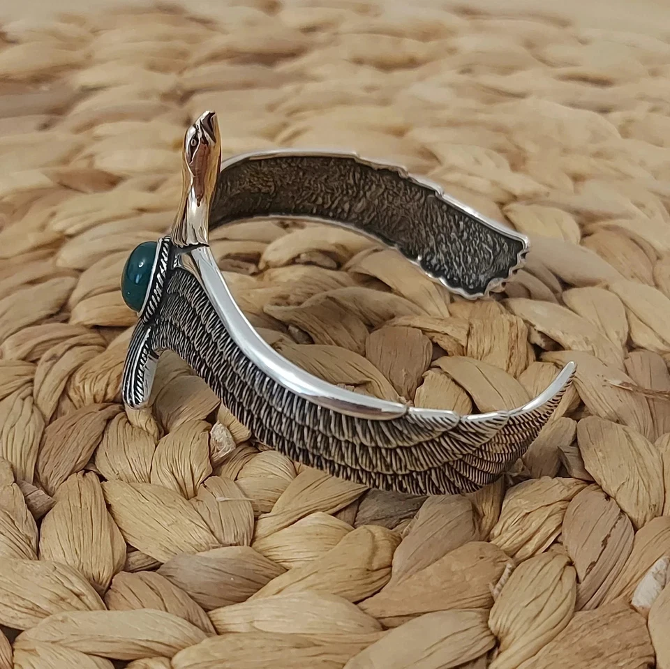Pulsera Águila Plata 925 - Brazalete Ajustable Hecho a Mano Verde Esmeralda para Hombre Foto 4 de 4