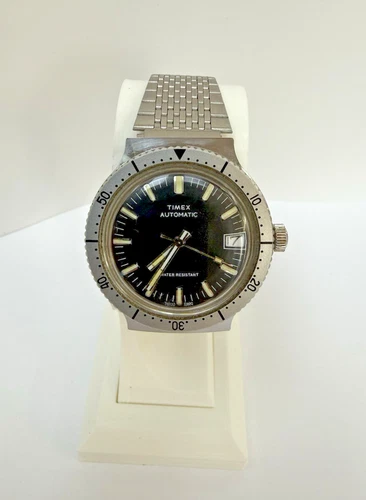 Vtg Timex Automatic Diver Watch 1980 34320-10880 Black Dial Date M108 Running