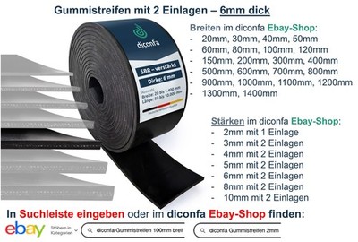Gummistreifen mit Gewebeeinlage 6mm DICK 15cm 20cm 30cm 40cm BREIT bis 10m LANG