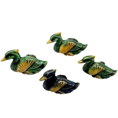 Ceramic Vtg Peking Duck Miniature Figurine 4 Pc Crackle Glaze Yellow Green 1.5''