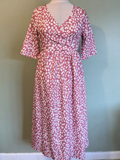 Pink & White Spotted Flared Dress Size M UK 12/14 Wrap Front Maxi 1/2 Sleeve