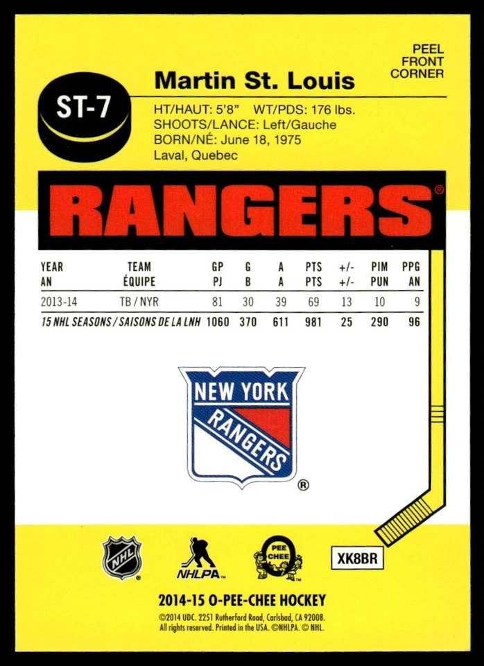 2014-15 O-Pee-Chee Stickers Martin St. Louis New York Rangers #ST-7 - Image 2 of 2