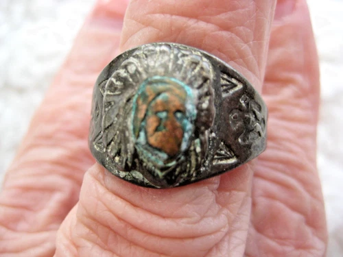 Vintage Sterling ? Silver Metal Native American Indian Chief Face Size 8.5