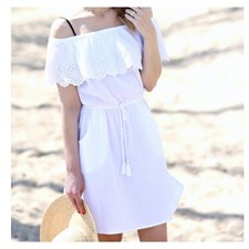 Talbots Women’s White Eyelet Lace Off Shoulder Gauze Dress M Coastal Resort Boho