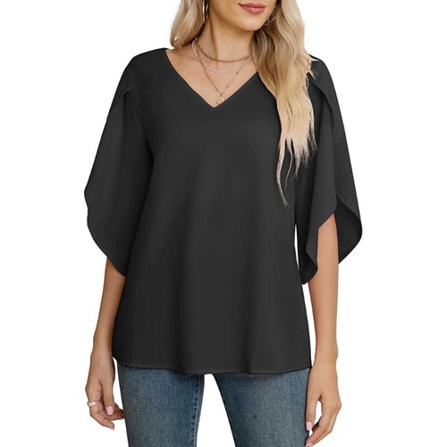Women V Neck T Shirt Mid-length Sleeve Blouse Casual T-shirt Female Streetwear - Picture 28 of 32