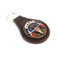 Brown Leather Keychain Ring Copper Texas Longhorn Flag Star Concho Color Enamel