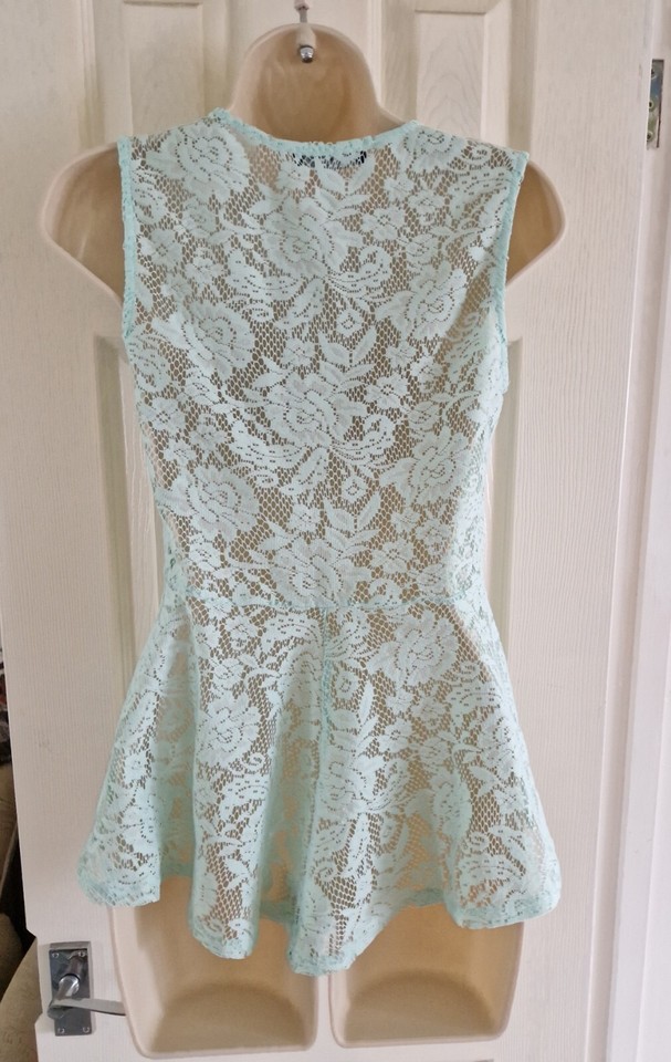 Womens Sleeveless Floral See Through Peplum Mint Green Vest Top 68 (S