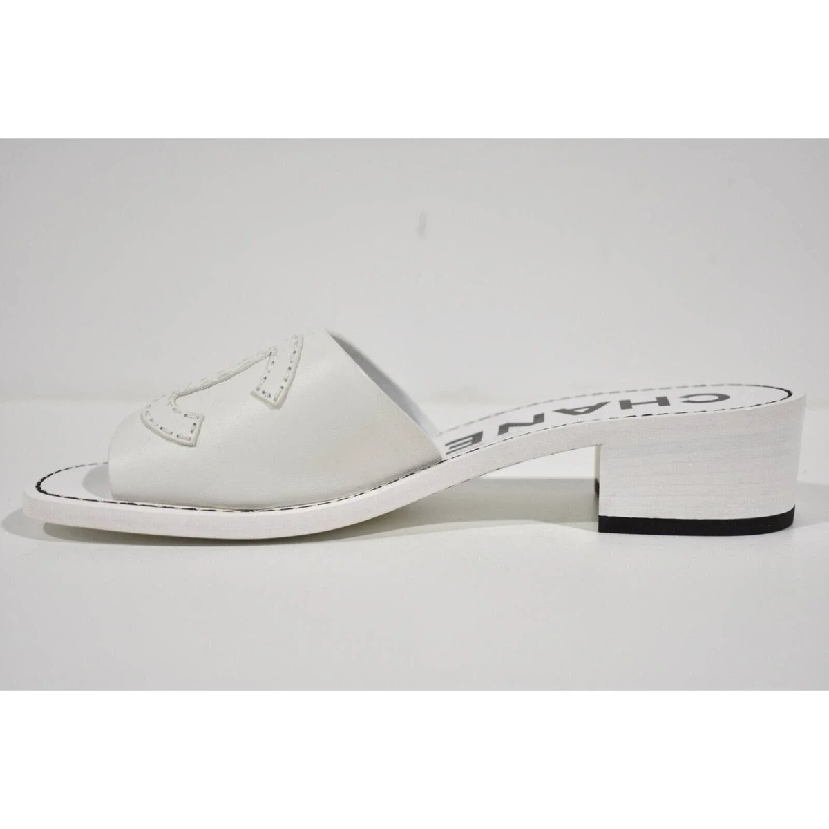 Chanel 22S White Calfskin Leather CC Logo Mules Slide Sandal
