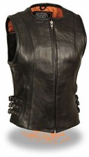 Ladies Long Length Leather Zipper Front Motorcycle Vest Triple Side Buckles