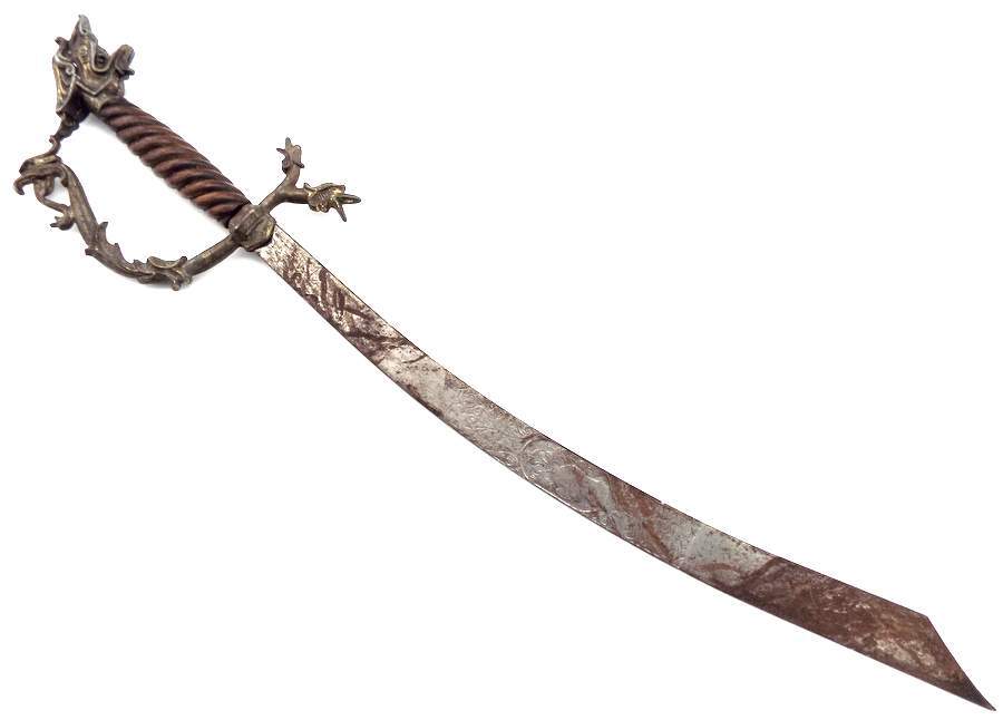 ANTIQUE ITALIAN OR FRANCH FALCHEON TIPE SWORD ENGRAVED BLADE WITH KNIGHT HELMET