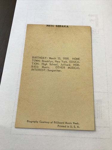 Rare Original Neil Sedaka Arcade Card 1960’s With Bio - Picture 4 of 6