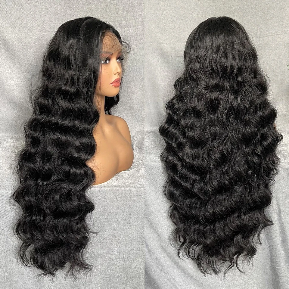 Pelucas de cabello delanteras de encaje sintético para mujer 32 pulgadas de largo suelto onda color negro 13X4 Foto 2 de 4