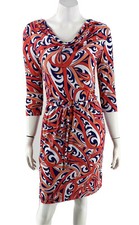 Banana Republic Dress XS Cowl Neck Peach Red Navy Swirl Print Tie Waist Stretch