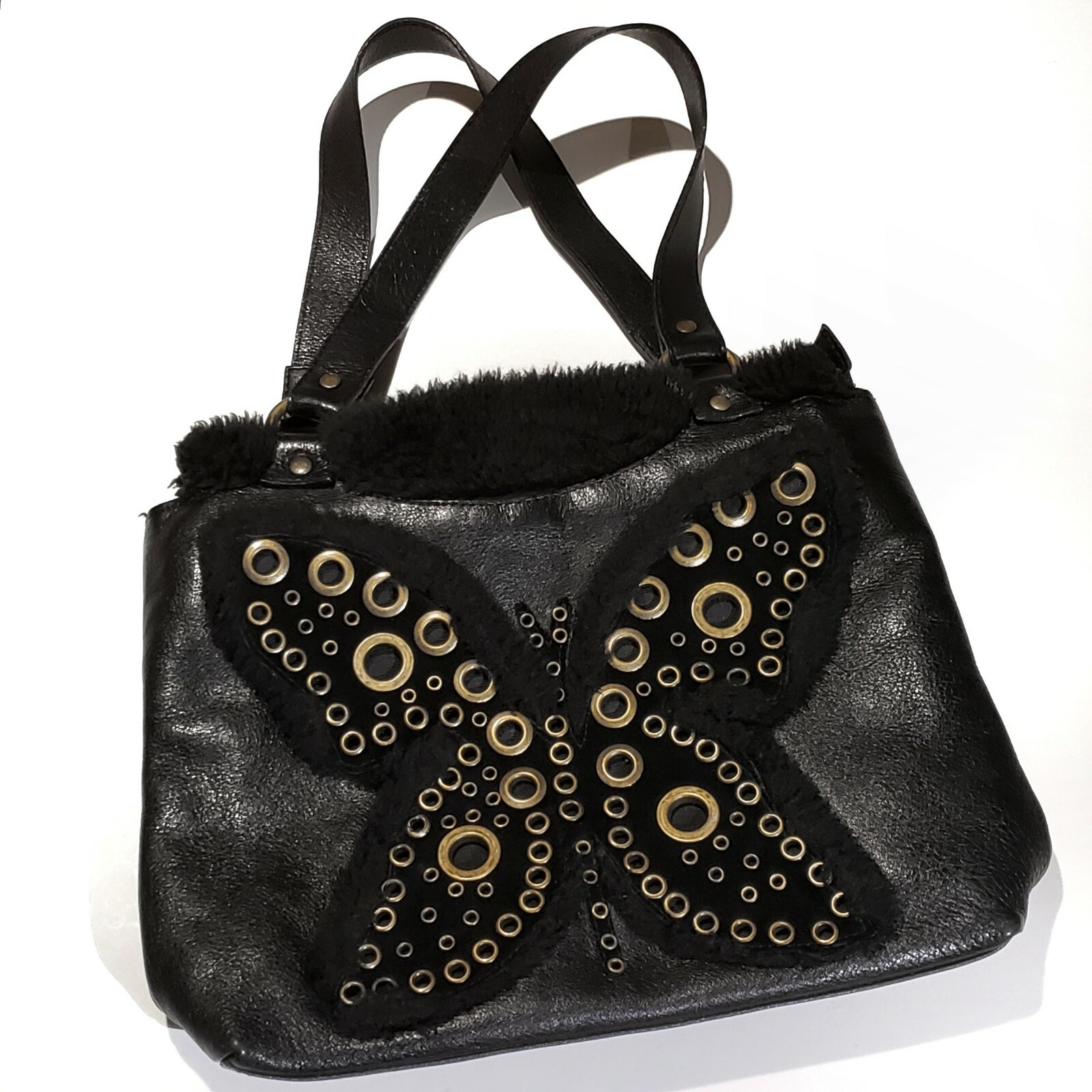 Naturalizer Black Leather with Suede & Grommet Butterfly Zip Tote Hand Bag