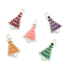 5 Christmas Tree Charms Silver Enamel Pendants Jewelry Supplies Mixed 21mm