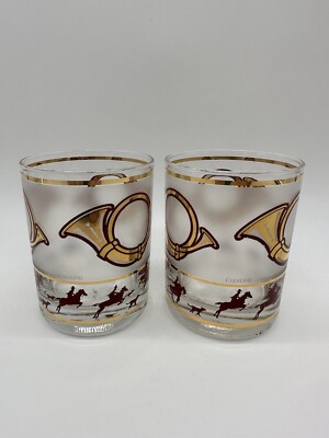 2 Vintage Culver Frosted Lowball Whiskey Glasses Horn Fox Hunt Dogs Gold And Red