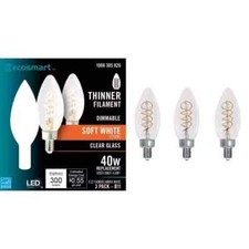 EcoSmart 40-Watt LED Soft White Dimmable B11 Candelabra Clear Glass 3-Pack NEW