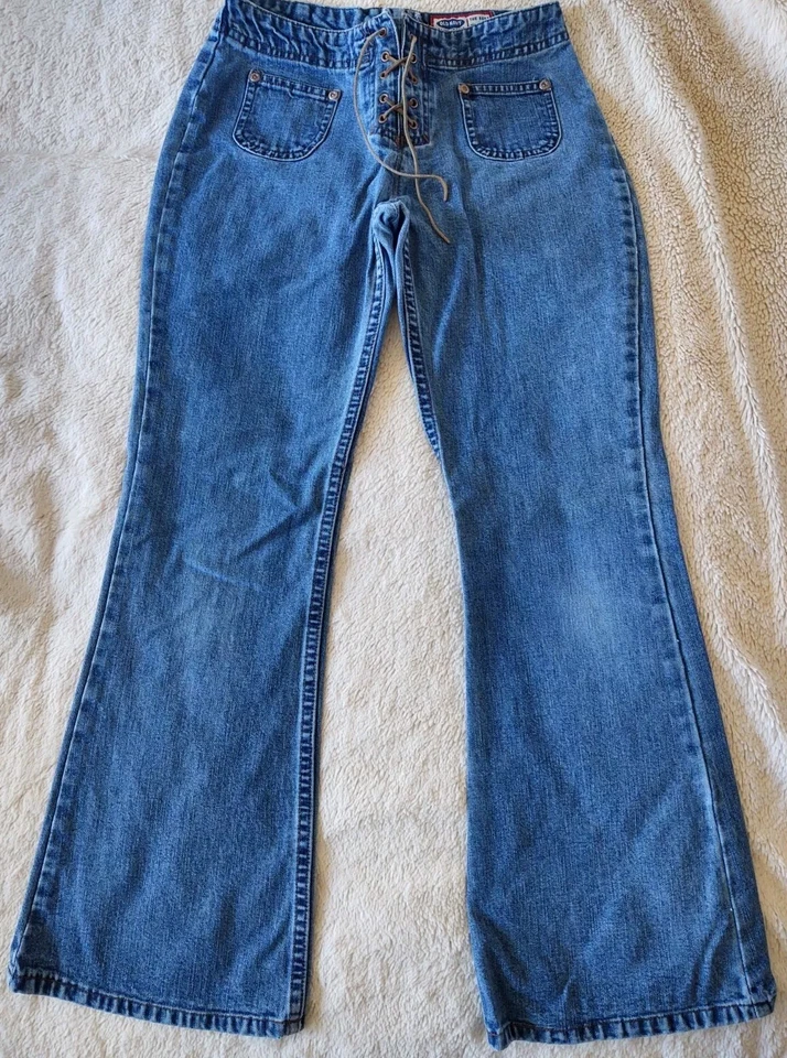 Jeans para niñas viejos azul marino talla 12 cuero encaje frontal cremallera trasera 24x26" Foto 2 de 4