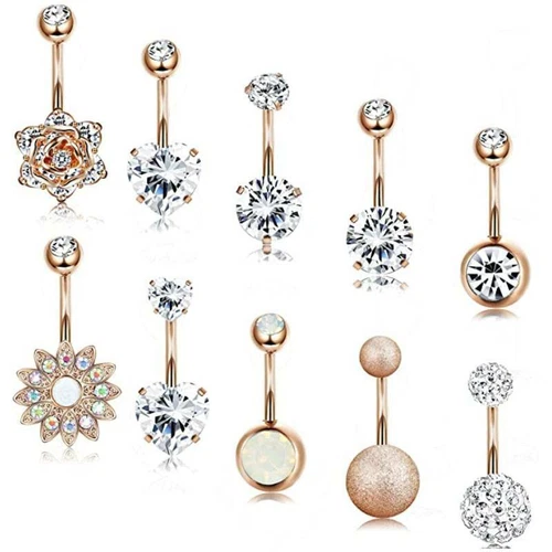 10PCS CZ Belly Navel Button Rings Surgical Stainless Steel Piercing Jewelry 14G