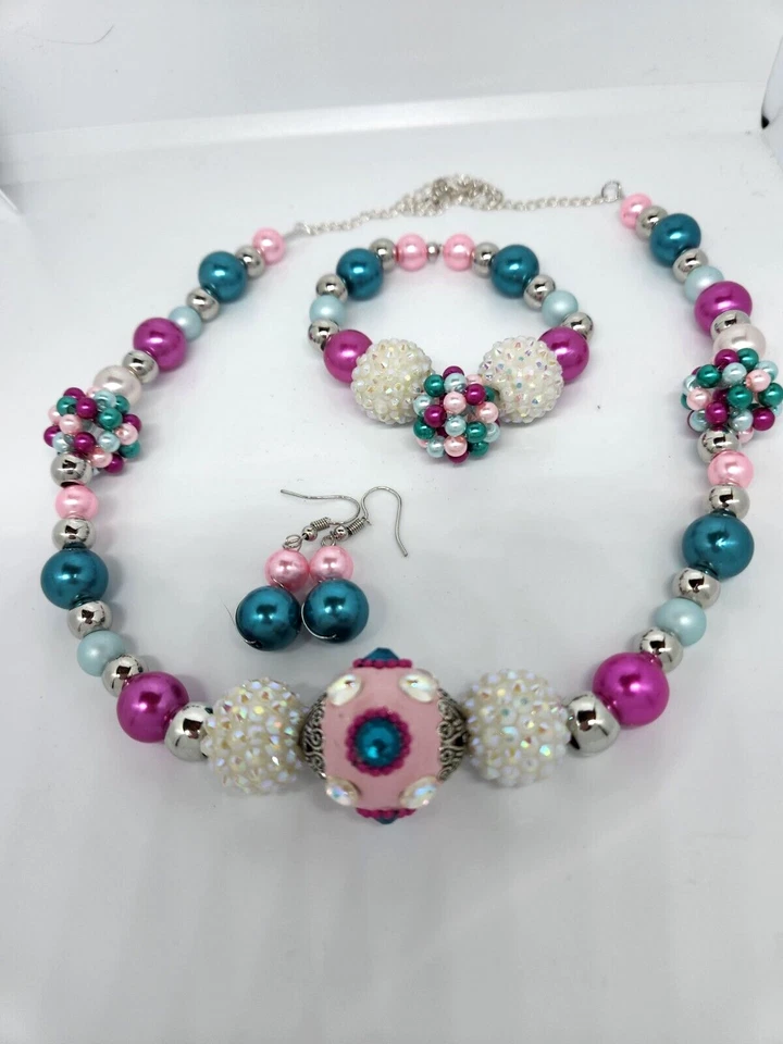Rosa Azul LILAH ANN Hecho a Mano COLLAR Cuentas Pendientes JUEGO DE PULSERAS Cuentas H7 Foto 2 de 4