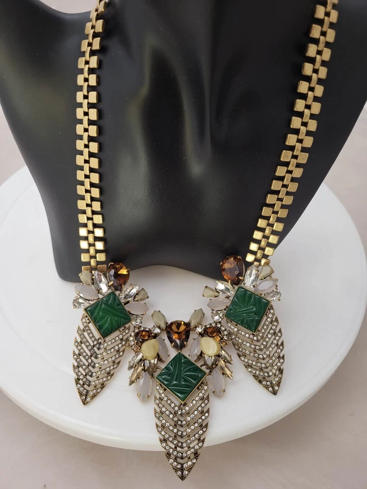 RARO J. Collar Crew Grueso Lucite Ámbar Verde Estrás Latón Distintivo -LEER Foto 3 de 4