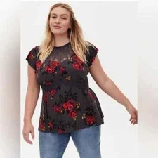 NEW Torrid Studio Top 1X Plus Knit Crew Neck Lace Inset Short Sleeve Peplum 